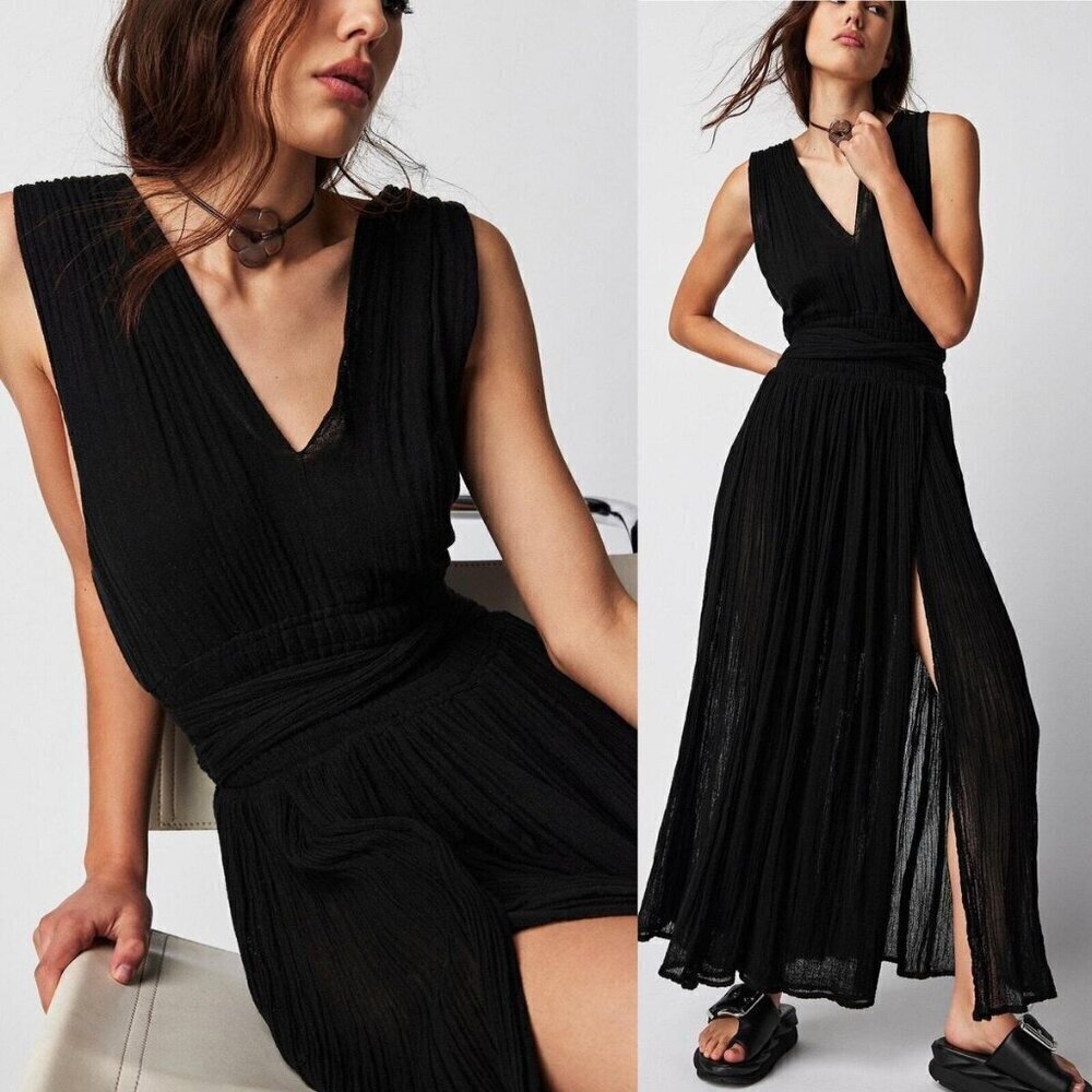 Women's Black Wide FAVLUX  Leg Slit V Neck Sleeveless Low SEXY Back Jumpsuit
